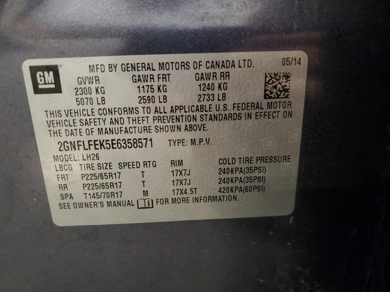 2014 Chevrolet Equinox Lt VIN: 2GNFLFEK5E6358571 Lot: 80132975