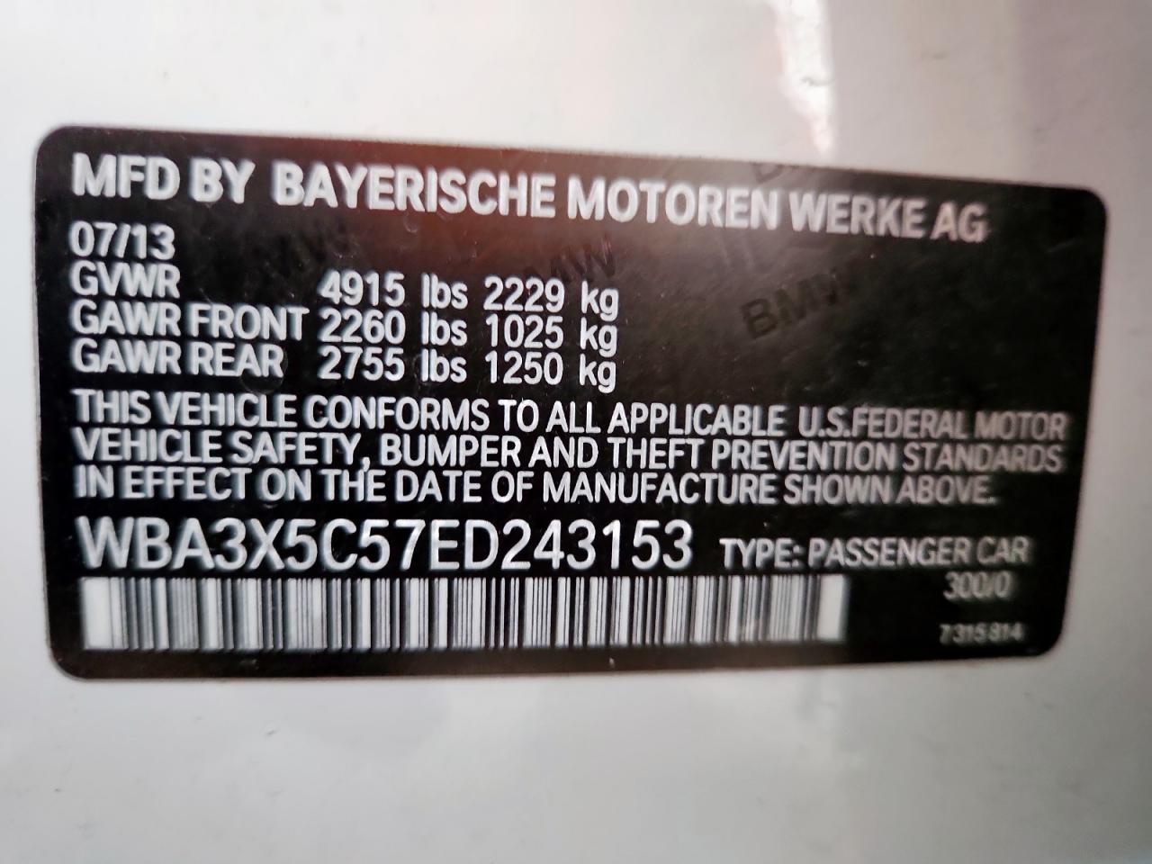 2014 BMW 328 Xigt VIN: WBA3X5C57ED243153 Lot: 81823855