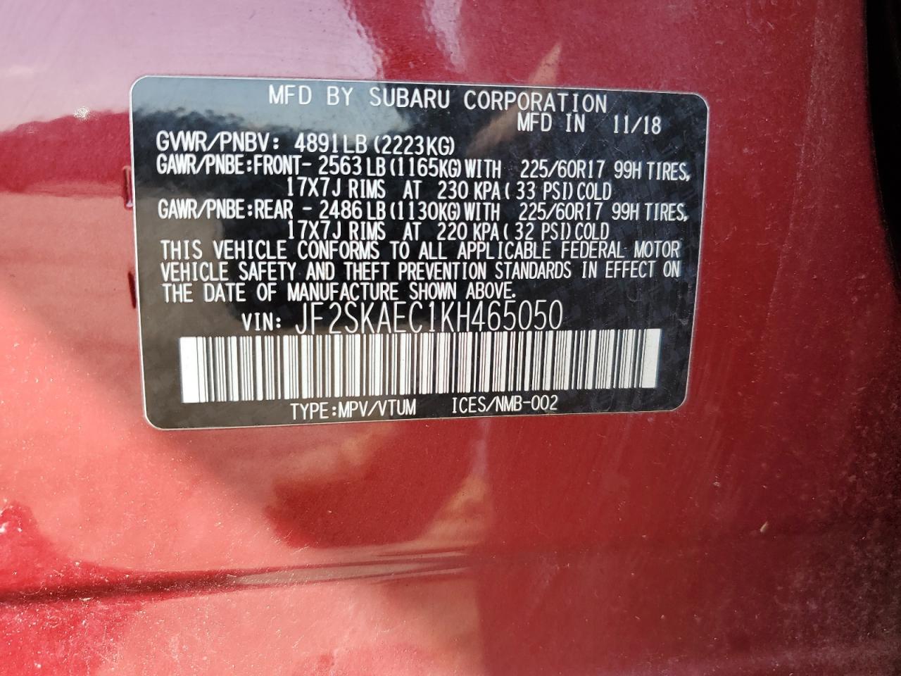 2019 Subaru Forester Premium VIN: JF2SKAEC1KH465050 Lot: 81649715