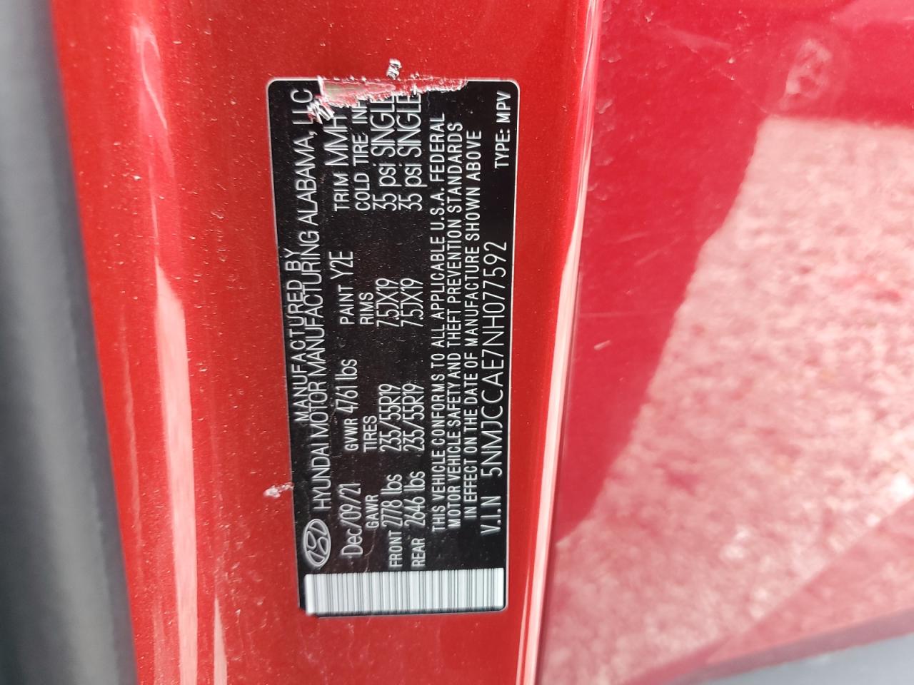 2022 Hyundai Tucson Sel VIN: 5NMJCCAE7NH077592 Lot: 80615295