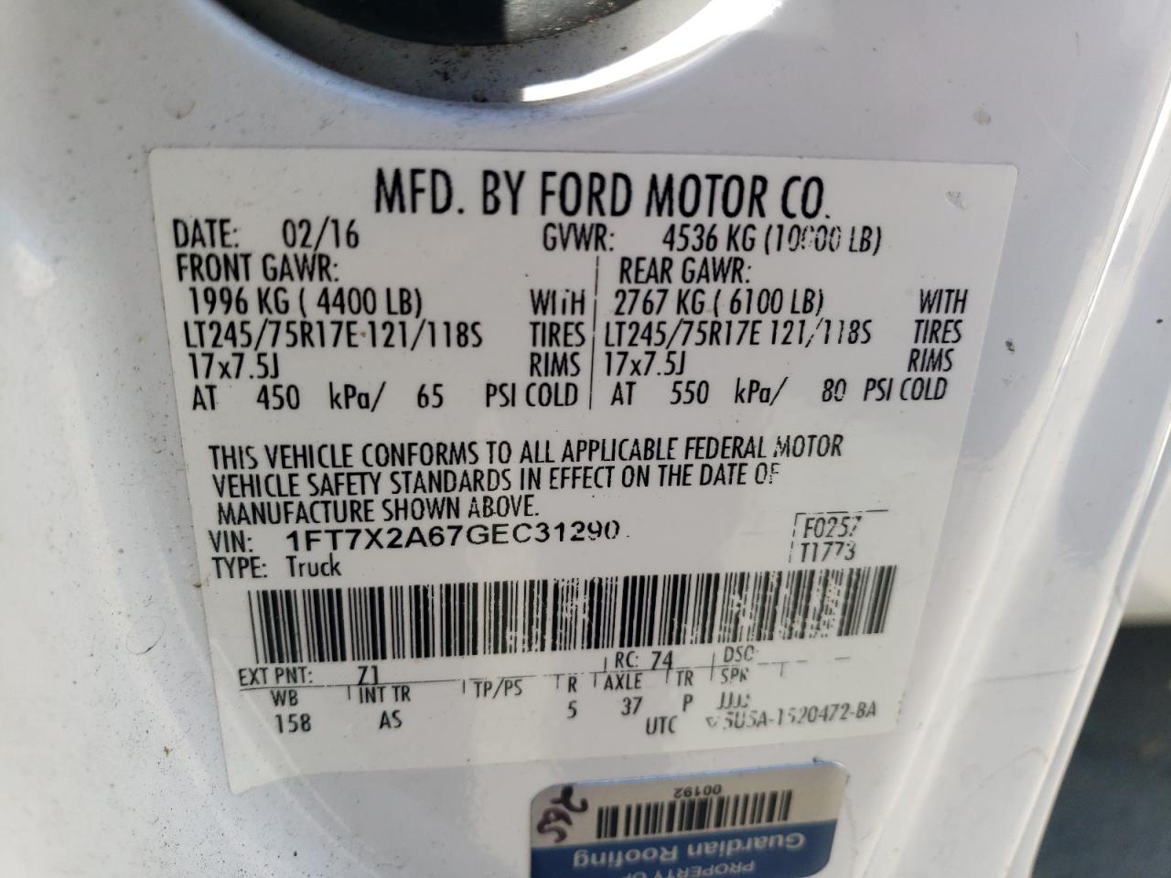 2016 Ford F250 Super Duty VIN: 1FT7X2A67GEC31290 Lot: 82077445