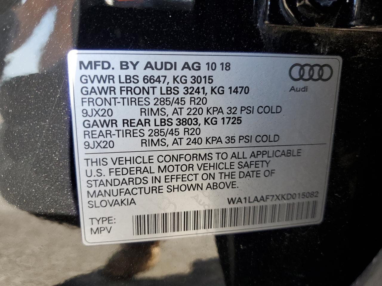 2019 Audi Q7 Premium Plus VIN: WA1LAAF7XKD015082 Lot: 80026645