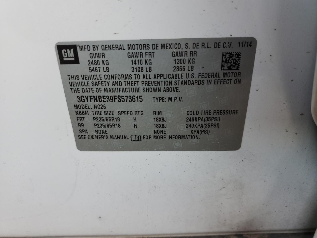 2015 Cadillac Srx Luxury Collection VIN: 3GYFNBE39FS573615 Lot: 72093925