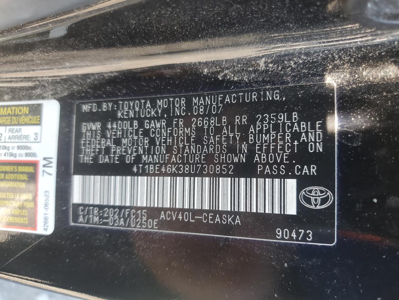 2008 Toyota Camry Ce VIN: 4T1BE46K38U730852 Lot: 84263925