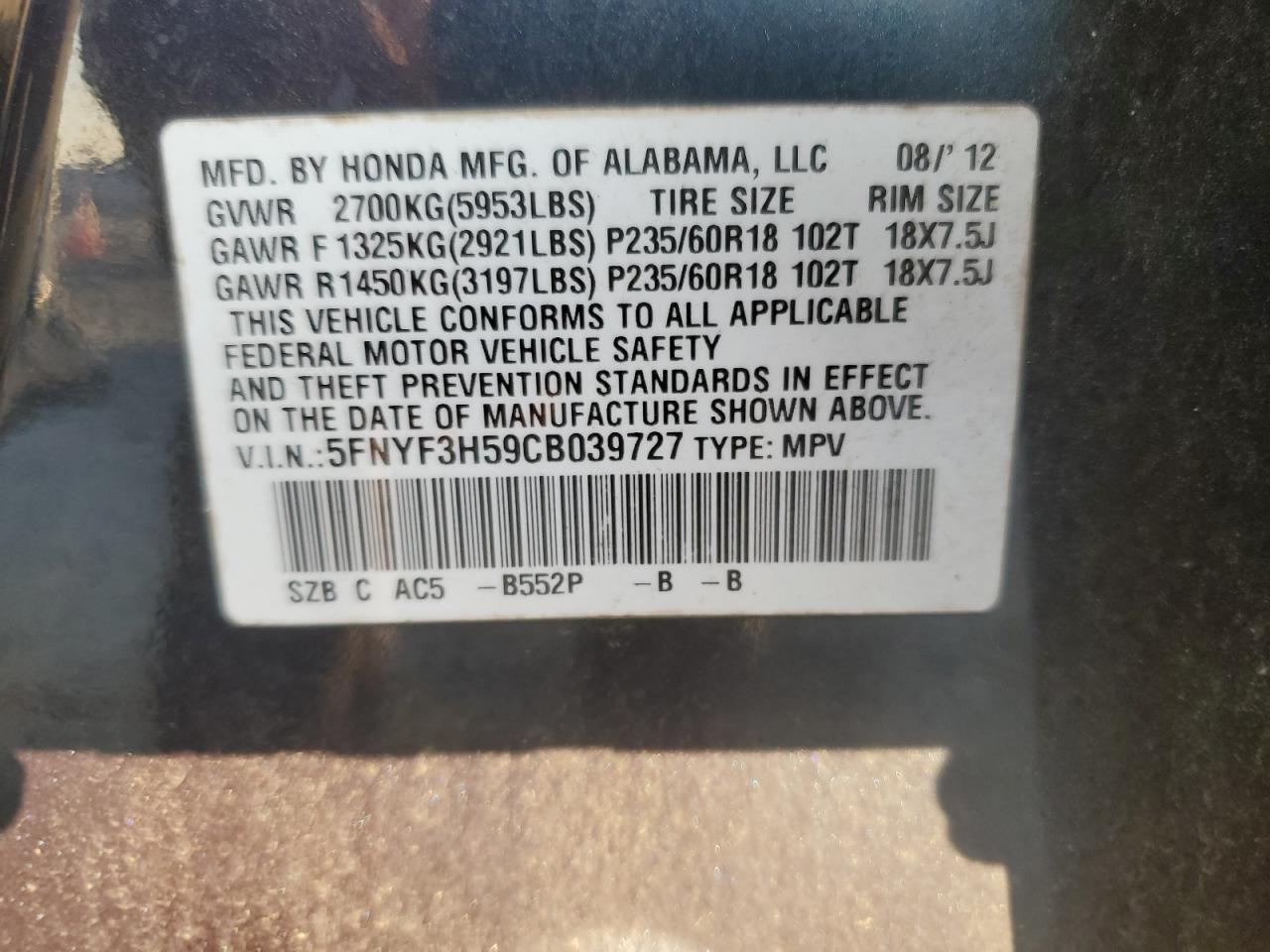 2012 Honda Pilot VIN: 5FNYF3H59CB039727 Lot: 81226365