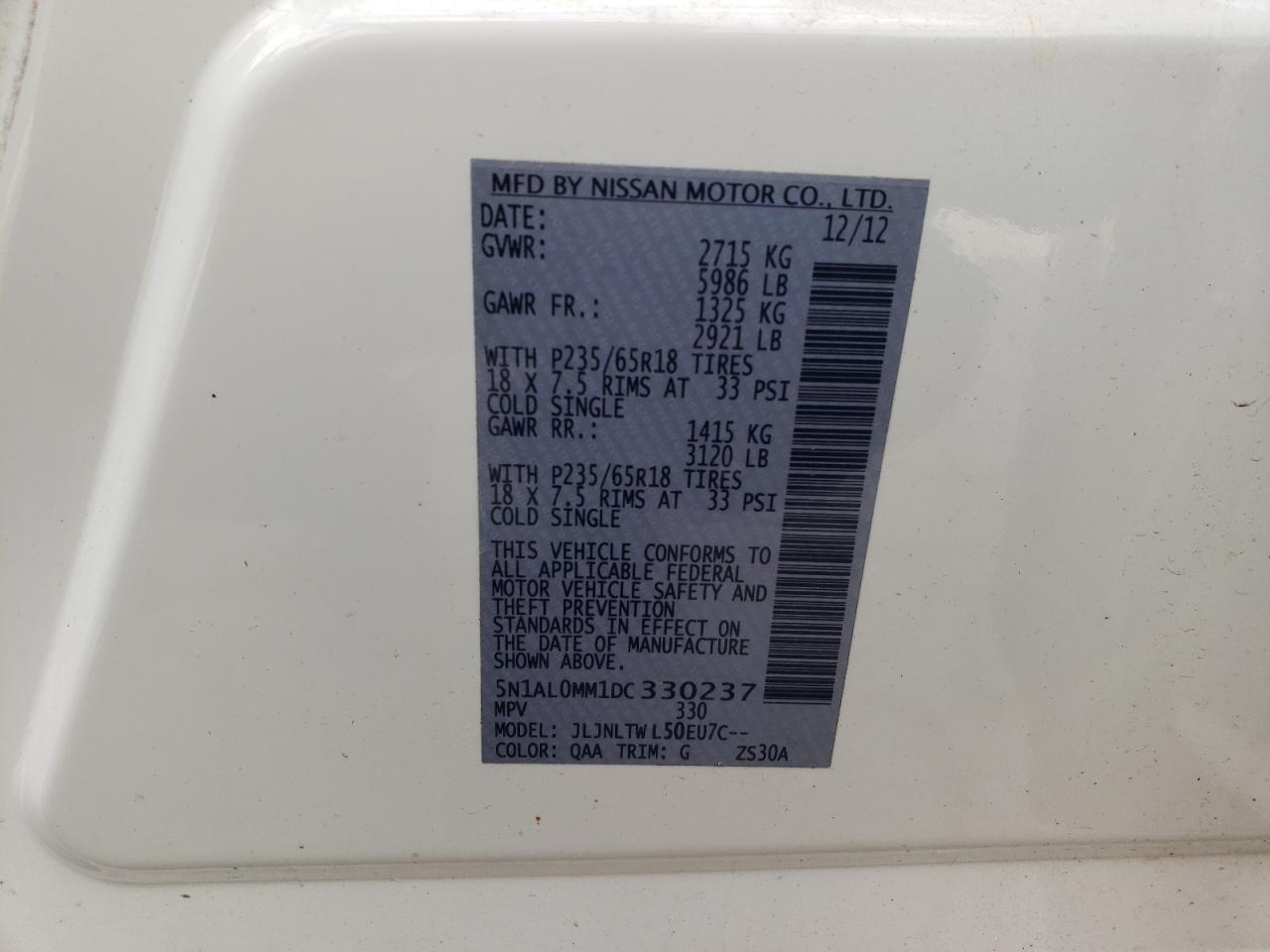 2013 Infiniti Jx35 VIN: 5N1AL0MM1DC330237 Lot: 80117435