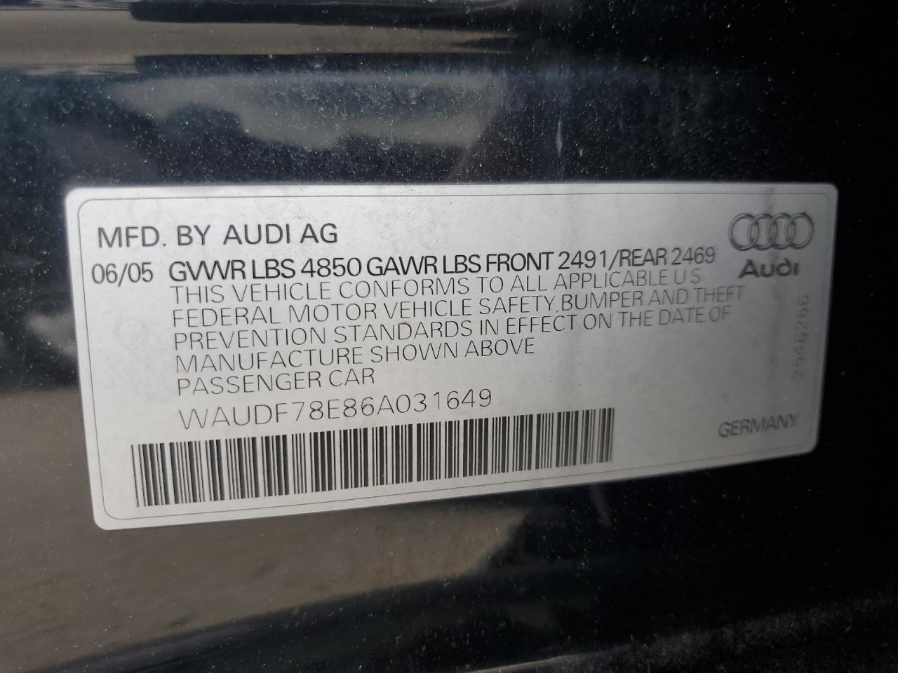 2006 Audi A4 2.0T Quattro VIN: WAUDF78E86A031649 Lot: 81651255