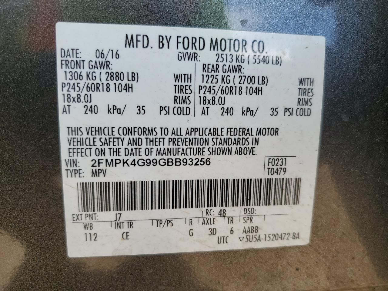 2016 Ford Edge Se VIN: 2FMPK4G99GBB93256 Lot: 81203795