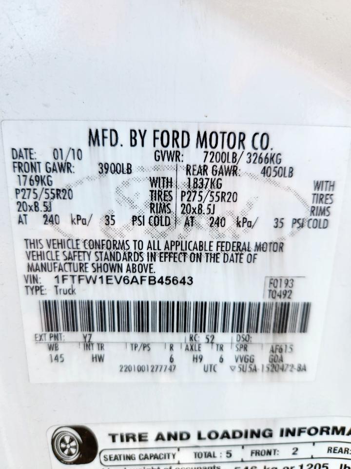 2010 Ford F150 Supercrew VIN: 1FTFW1EV6AFB45643 Lot: 81444415