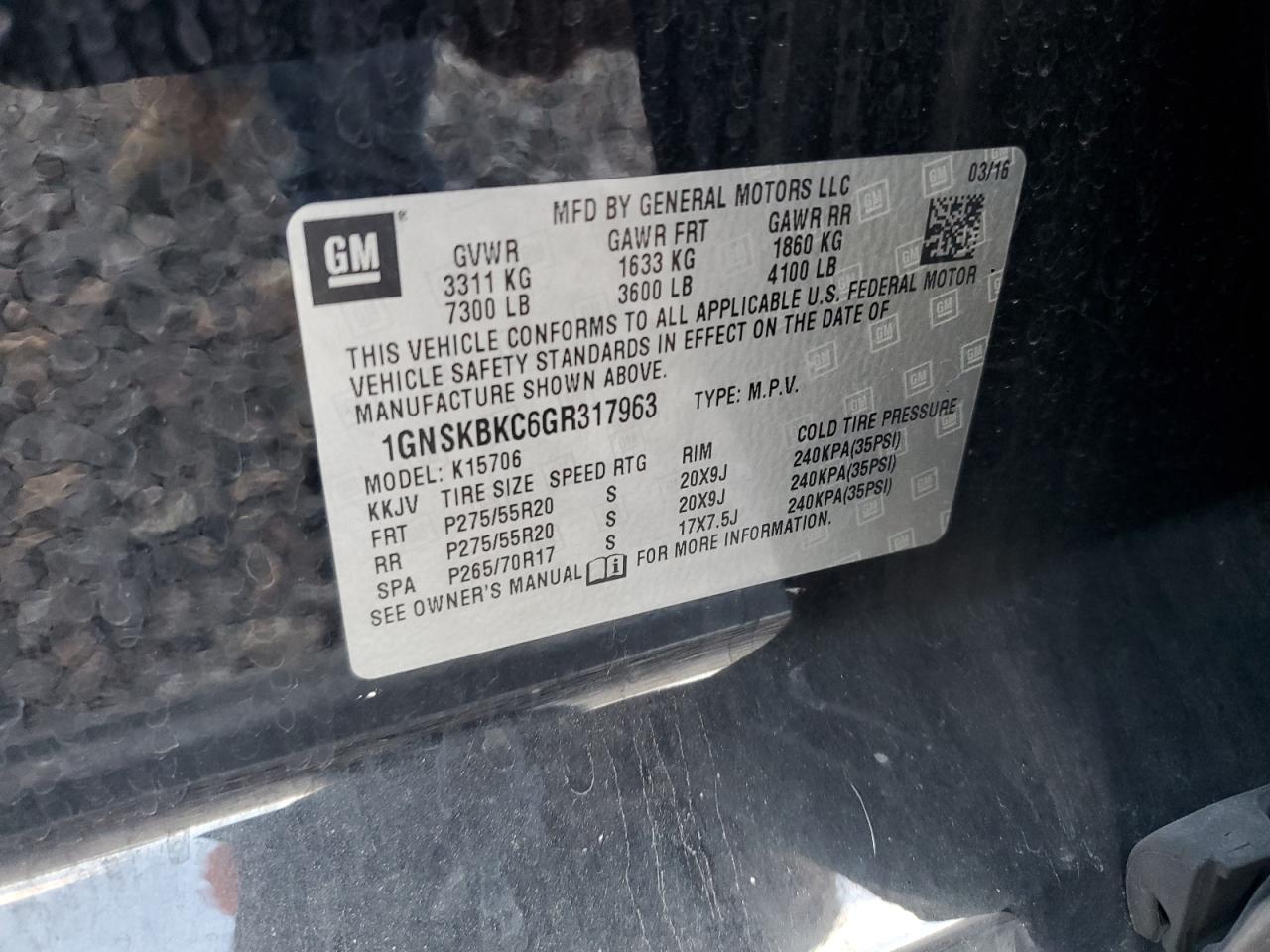 2016 Chevrolet Tahoe K1500 Lt VIN: 1GNSKBKC6GR317963 Lot: 82146695