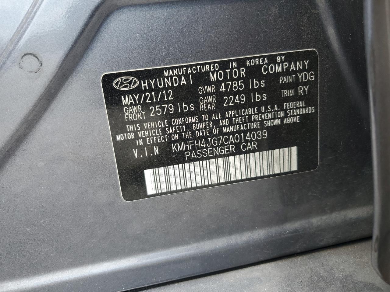 2012 Hyundai Azera Gls VIN: KMHFH4JG7CA014039 Lot: 71280805