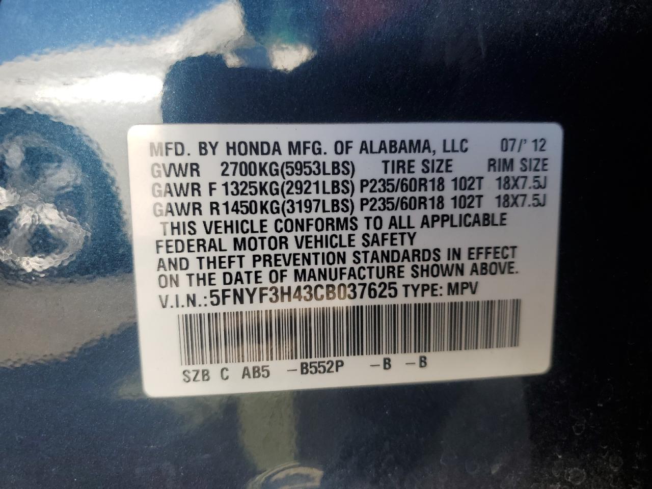 2012 Honda Pilot Ex VIN: 5FNYF3H43CB037625 Lot: 71320085