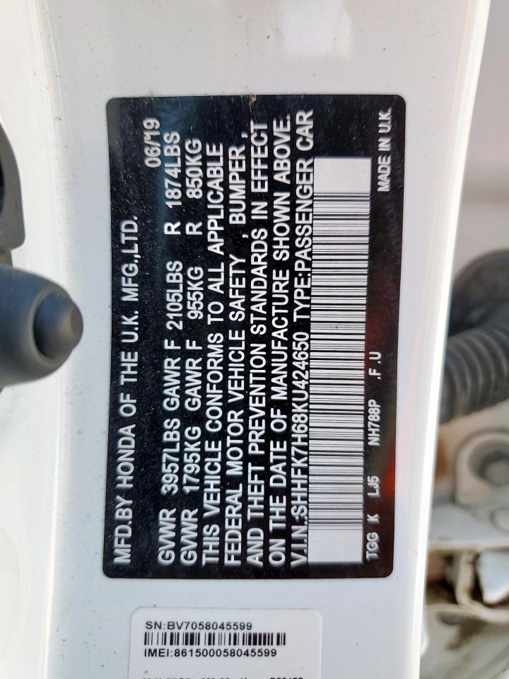 2019 Honda Civic Ex VIN: SHHFK7H68KU424650 Lot: 71535325