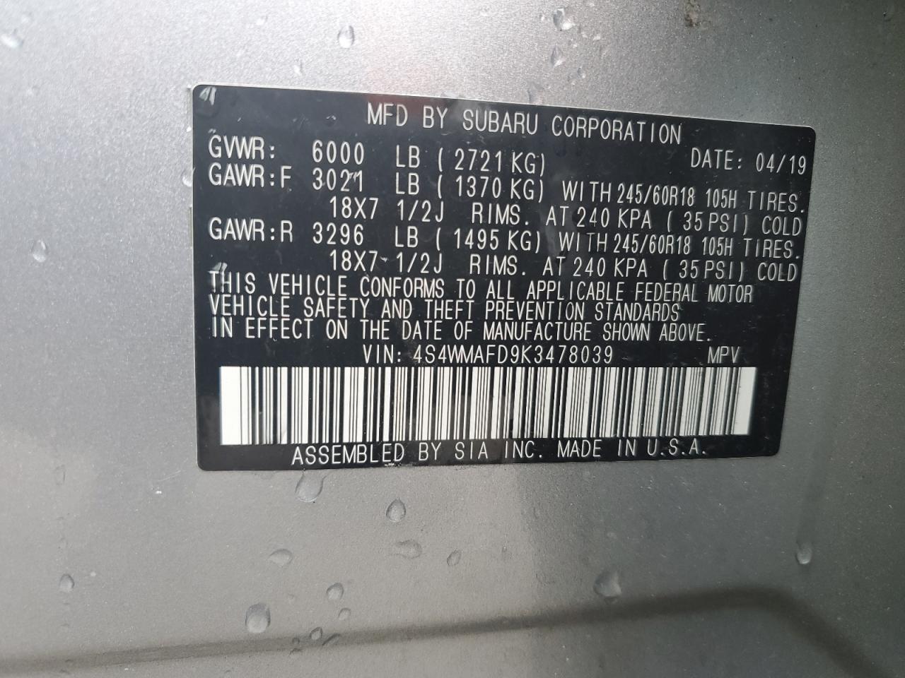 2019 Subaru Ascent Premium VIN: 4S4WMAFD9K3478039 Lot: 83812575