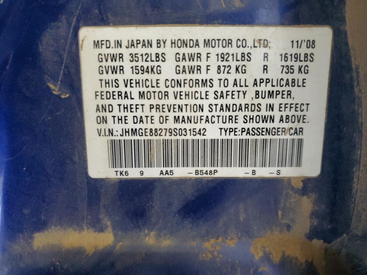 2009 Honda Fit VIN: JHMGE88279S031542 Lot: 82099005