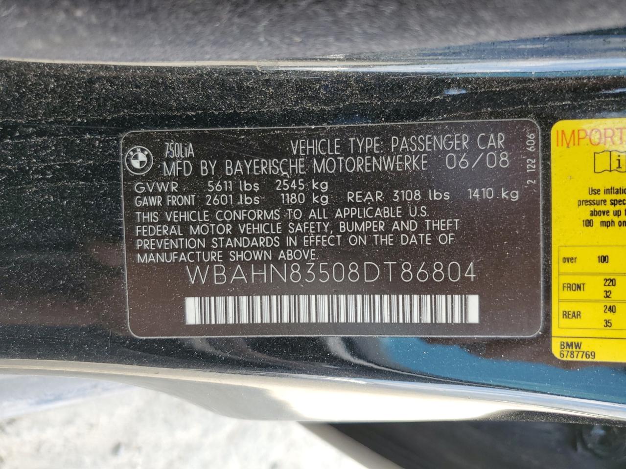 2008 BMW 750 Li VIN: WBAHN83508DT86804 Lot: 81270765