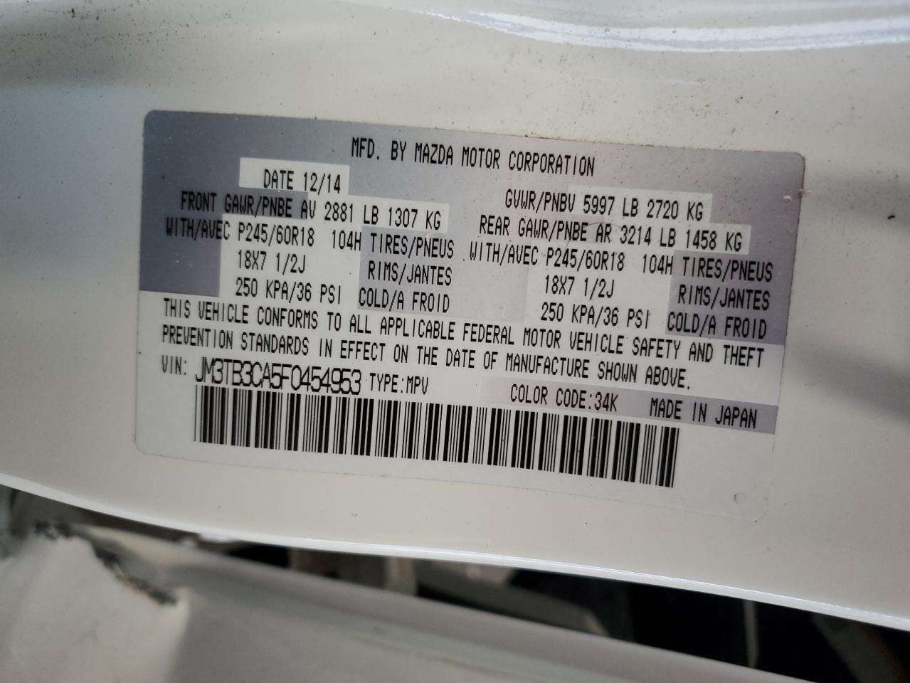 2015 Mazda Cx-9 Touring VIN: JM3TB3CA5F0454953 Lot: 71623405