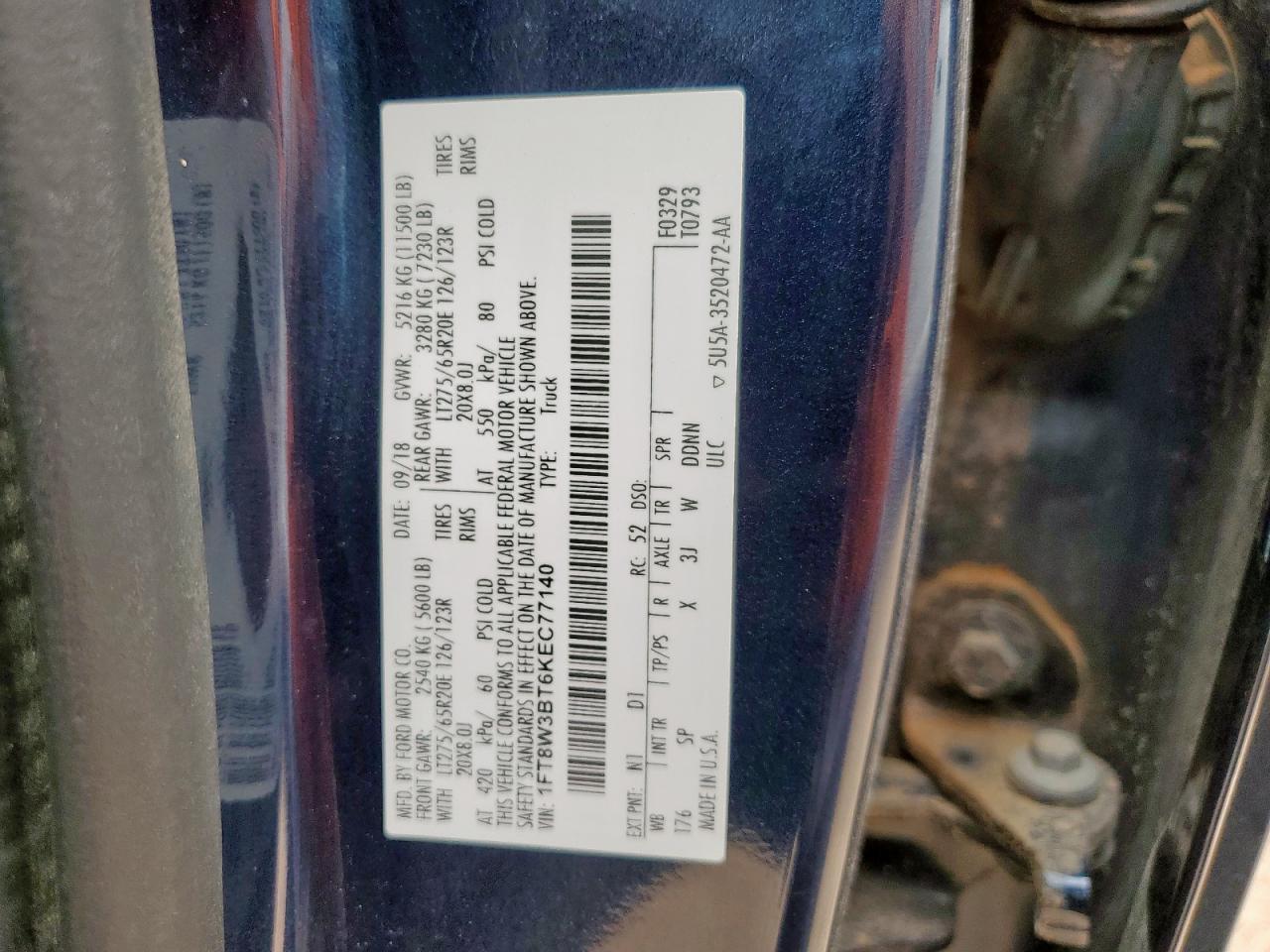 2019 Ford F350 Super Duty VIN: 1FT8W3BT6KEC77140 Lot: 68039575