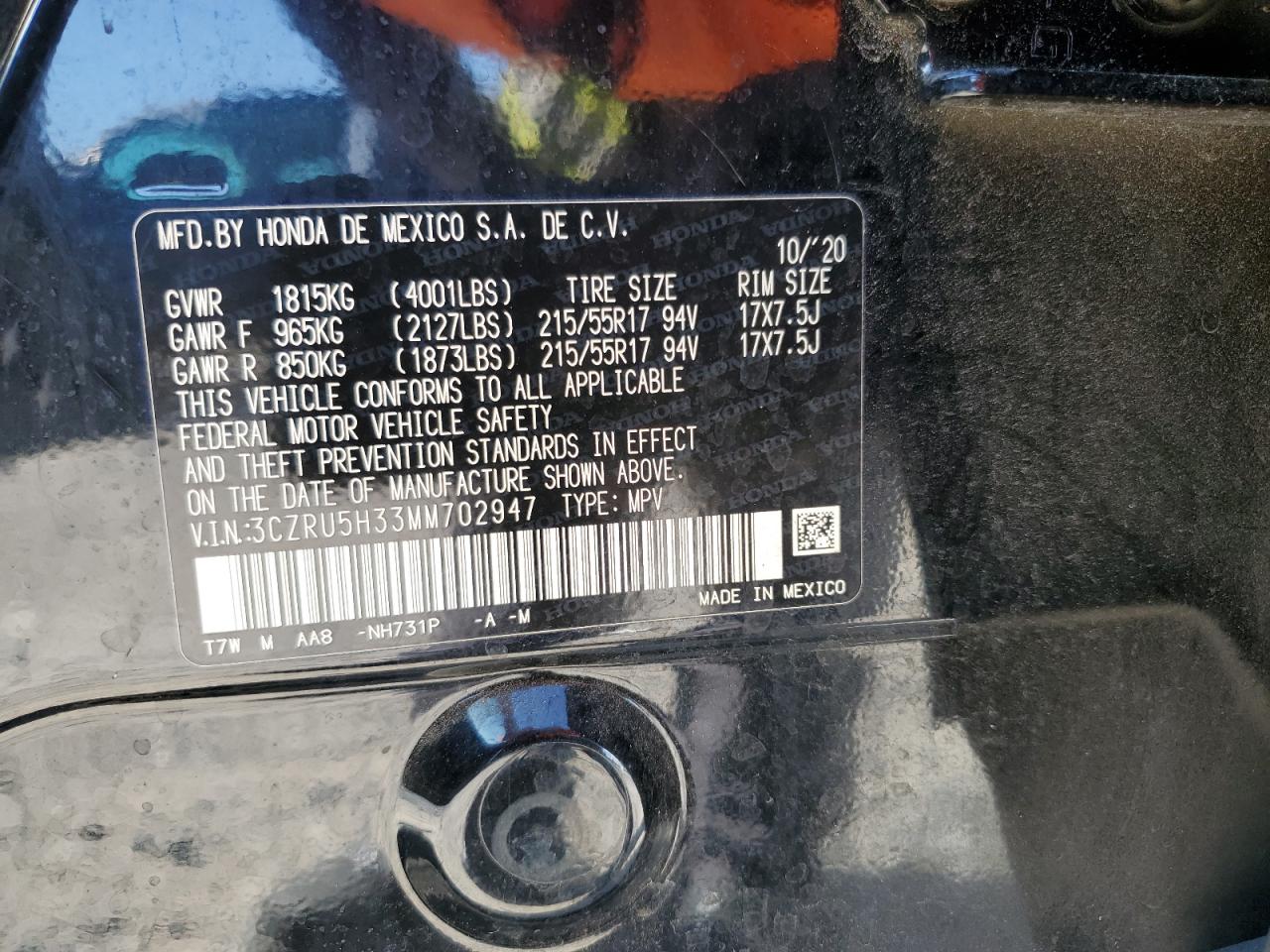 2021 Honda Hr-V Lx VIN: 3CZRU5H33MM702947 Lot: 83814025