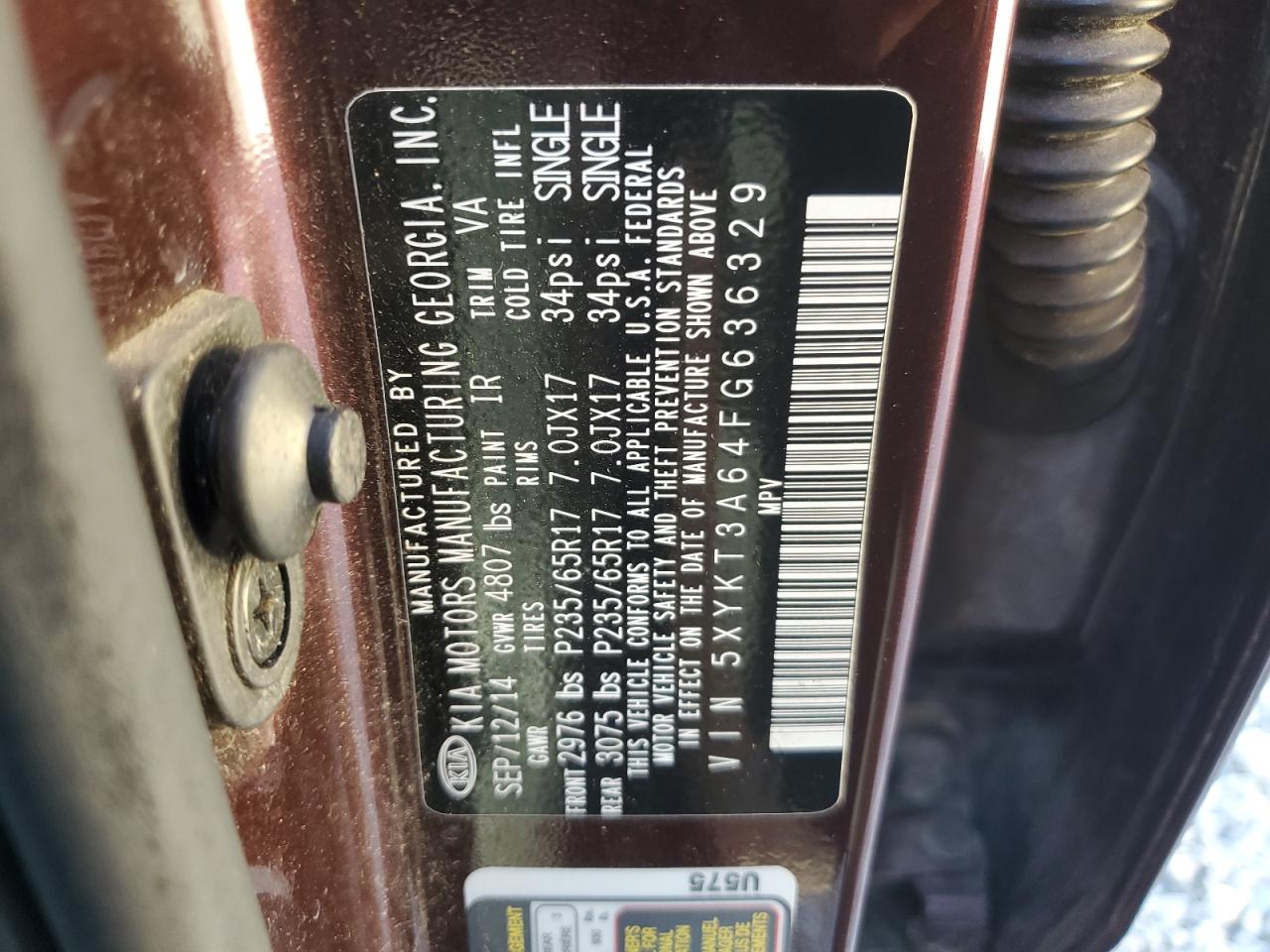 2015 Kia Sorento Lx VIN: 5XYKT3A64FG636329 Lot: 85696335