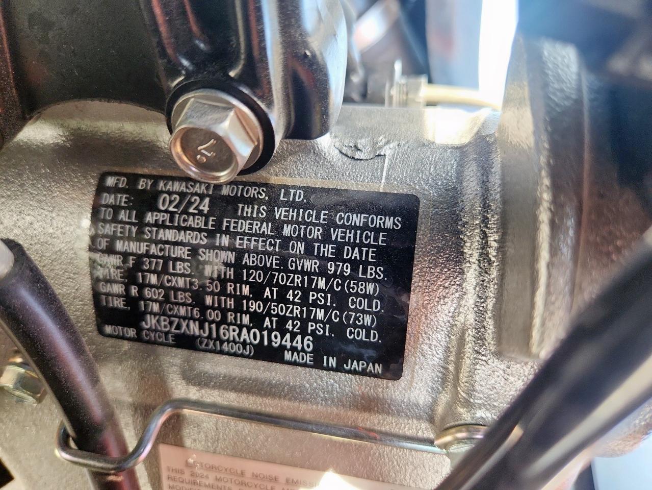 2024 Kawasaki Zx1400 J VIN: JKBZXNJ16RA019446 Lot: 80497725