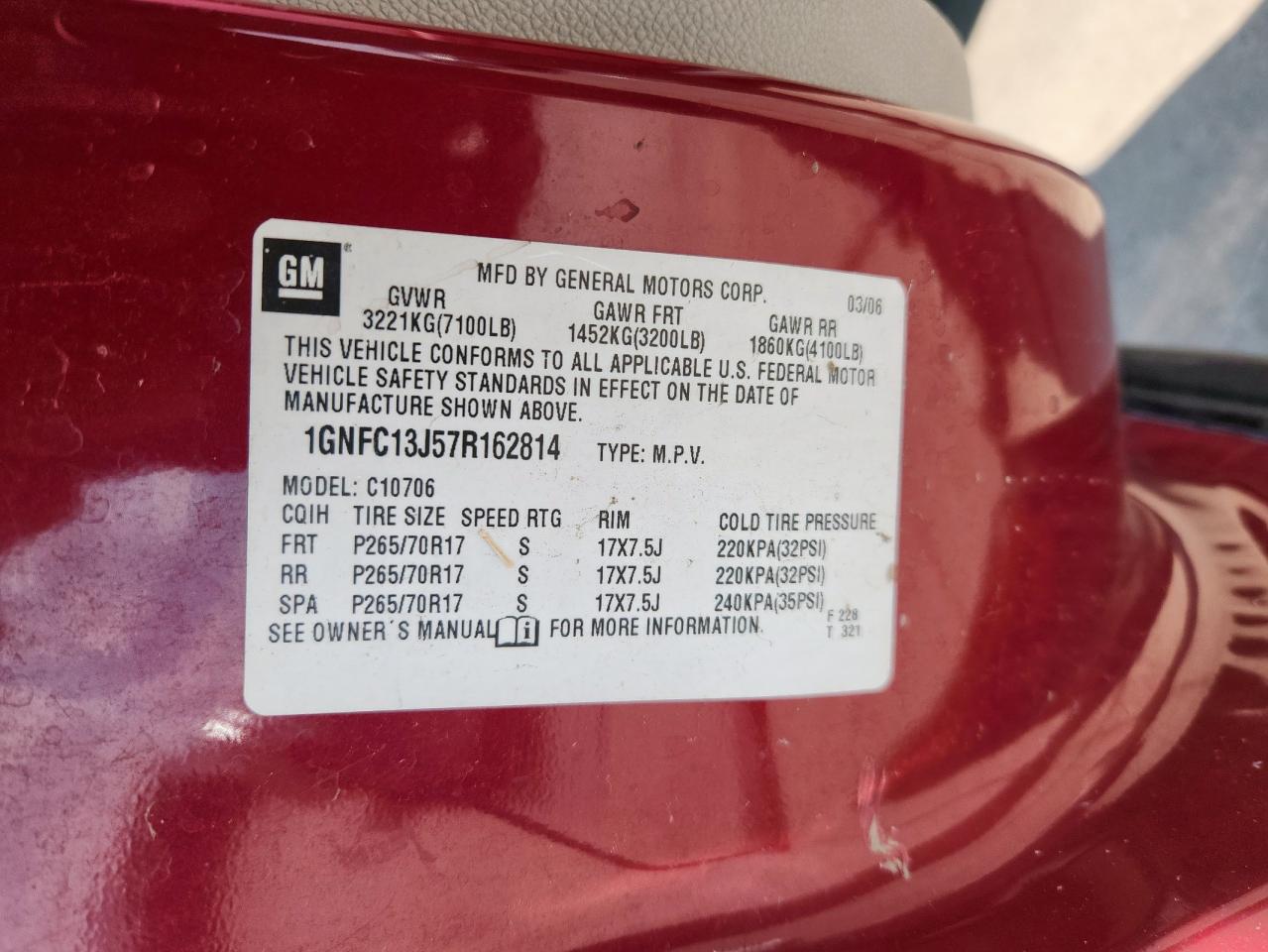 2007 Chevrolet Tahoe C1500 VIN: 1GNFC13J57R162814 Lot: 84645565