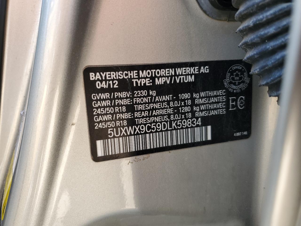 2013 BMW X3 xDrive28I VIN: 5UXWX9C59DLK59834 Lot: 69500515