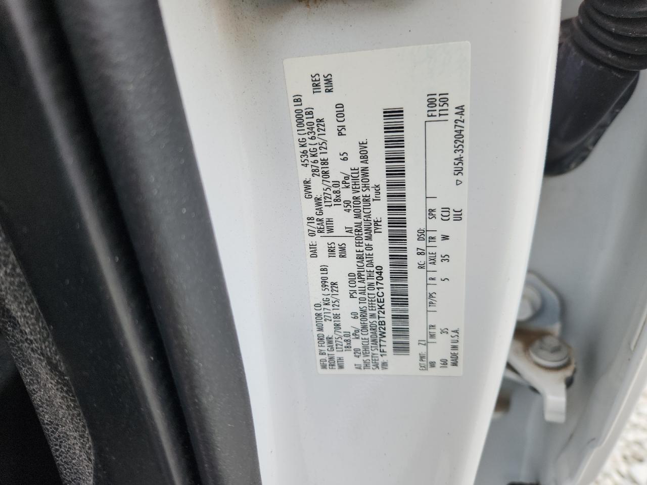 2019 Ford F250 Super Duty VIN: 1FT7W2BT2KEC17040 Lot: 84831695