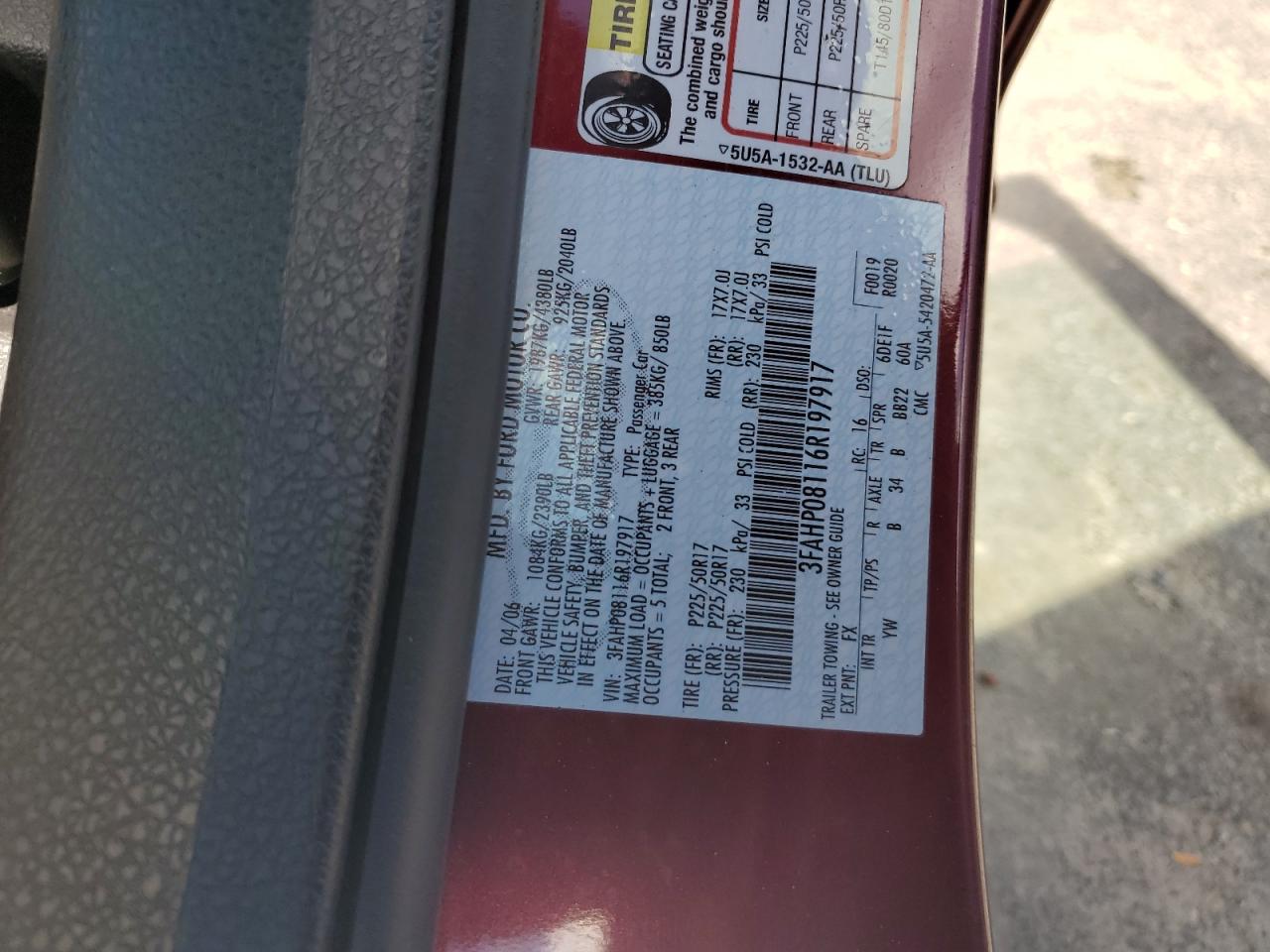 2006 Ford Fusion Sel VIN: 3FAHP08116R197917 Lot: 71798345