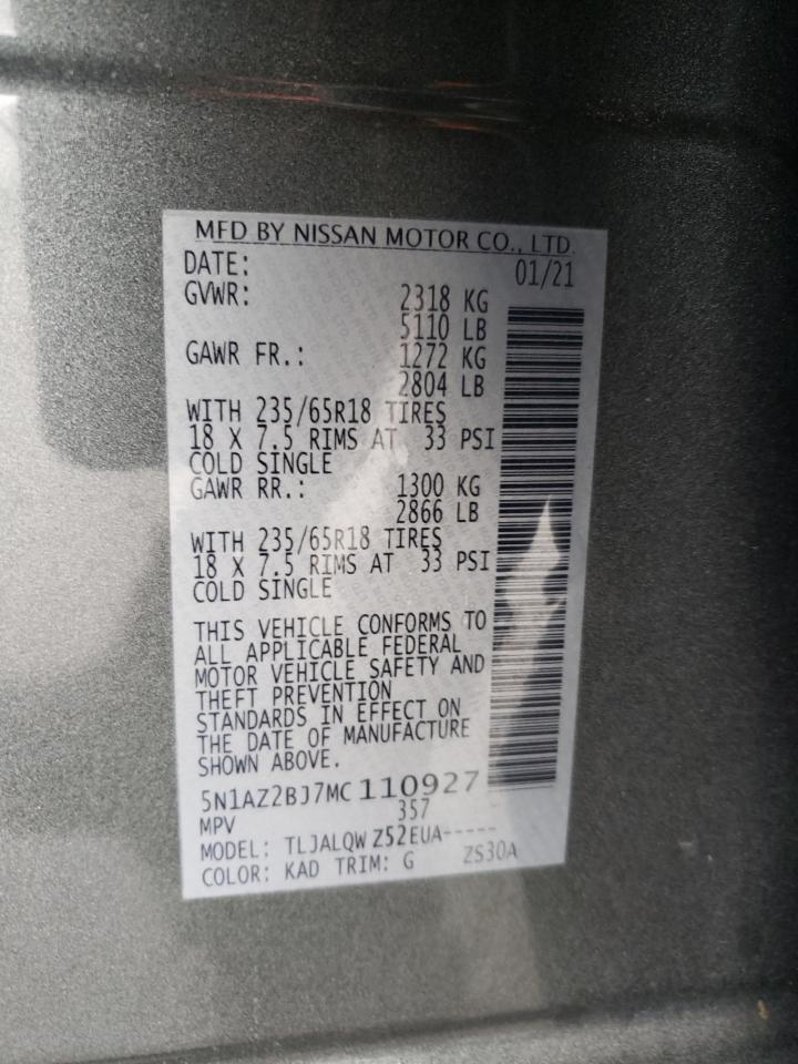 2021 Nissan Murano Sv VIN: 5N1AZ2BJ7MC110927 Lot: 84586115