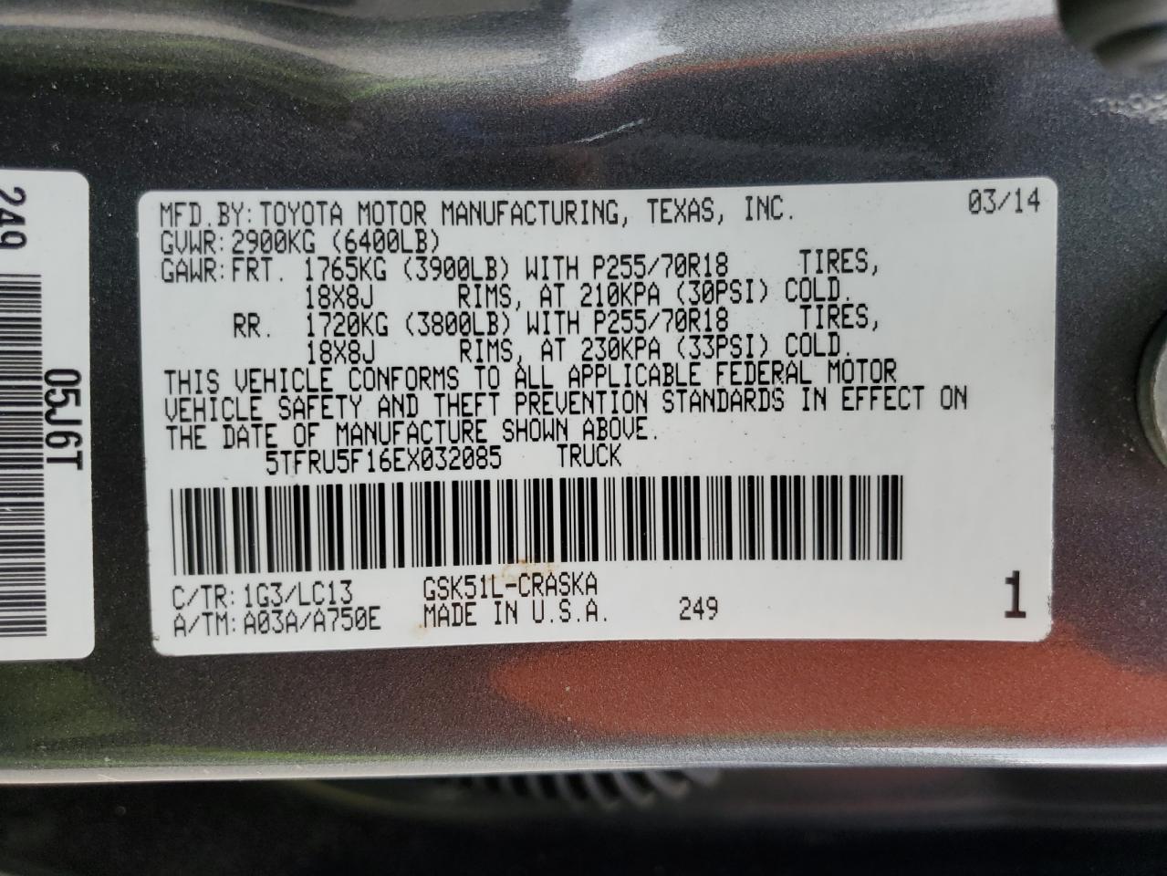 2014 Toyota Tundra Double Cab Sr VIN: 5TFRU5F16EX032085 Lot: 84026935