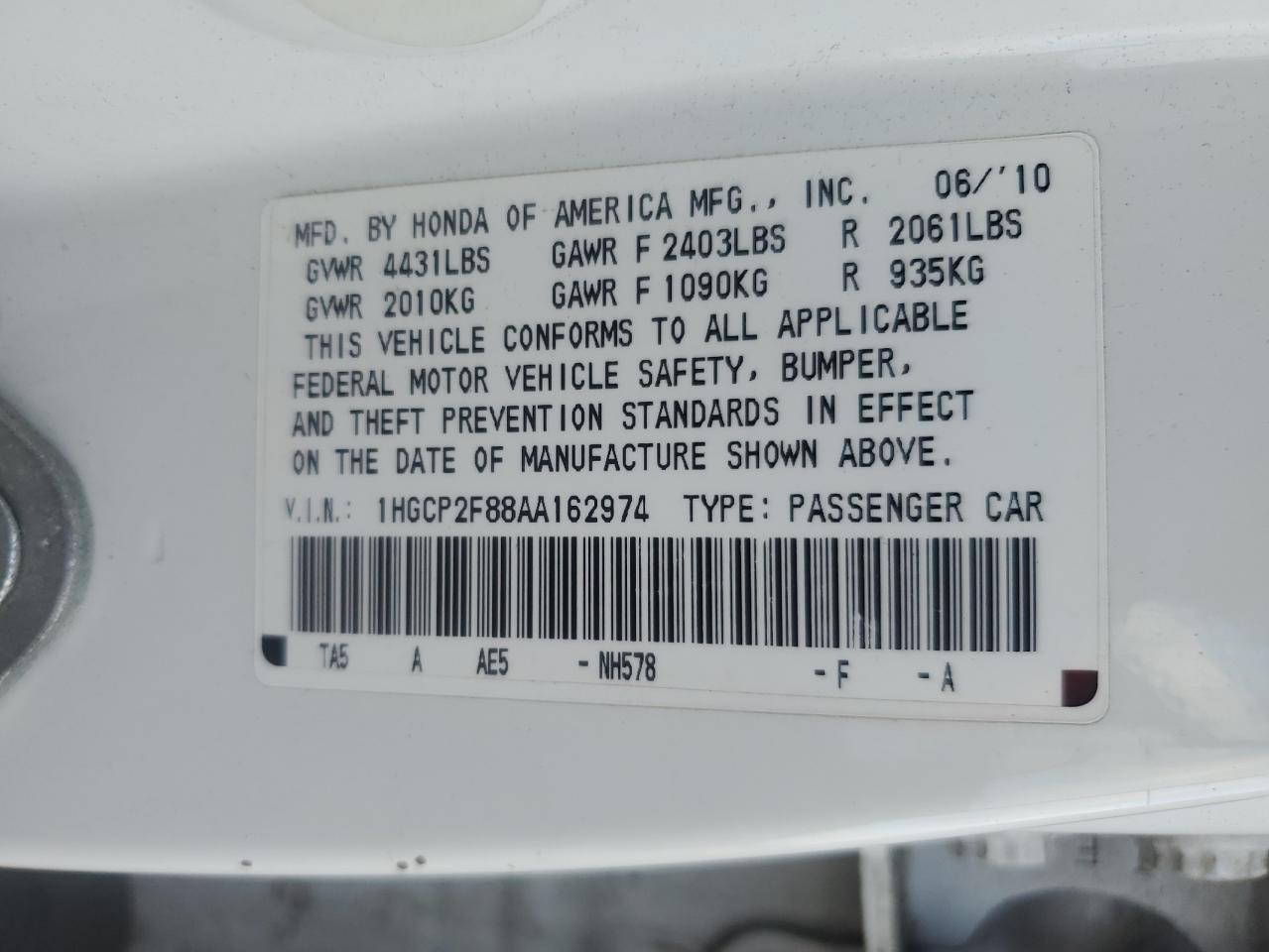 2010 Honda Accord Exl VIN: 1HGCP2F88AA162974 Lot: 84171865