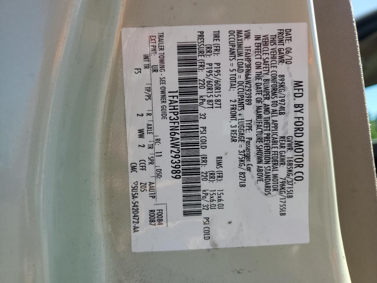 2010 Ford Focus Se VIN: 1FAHP3FN6AW293989 Lot: 81073095