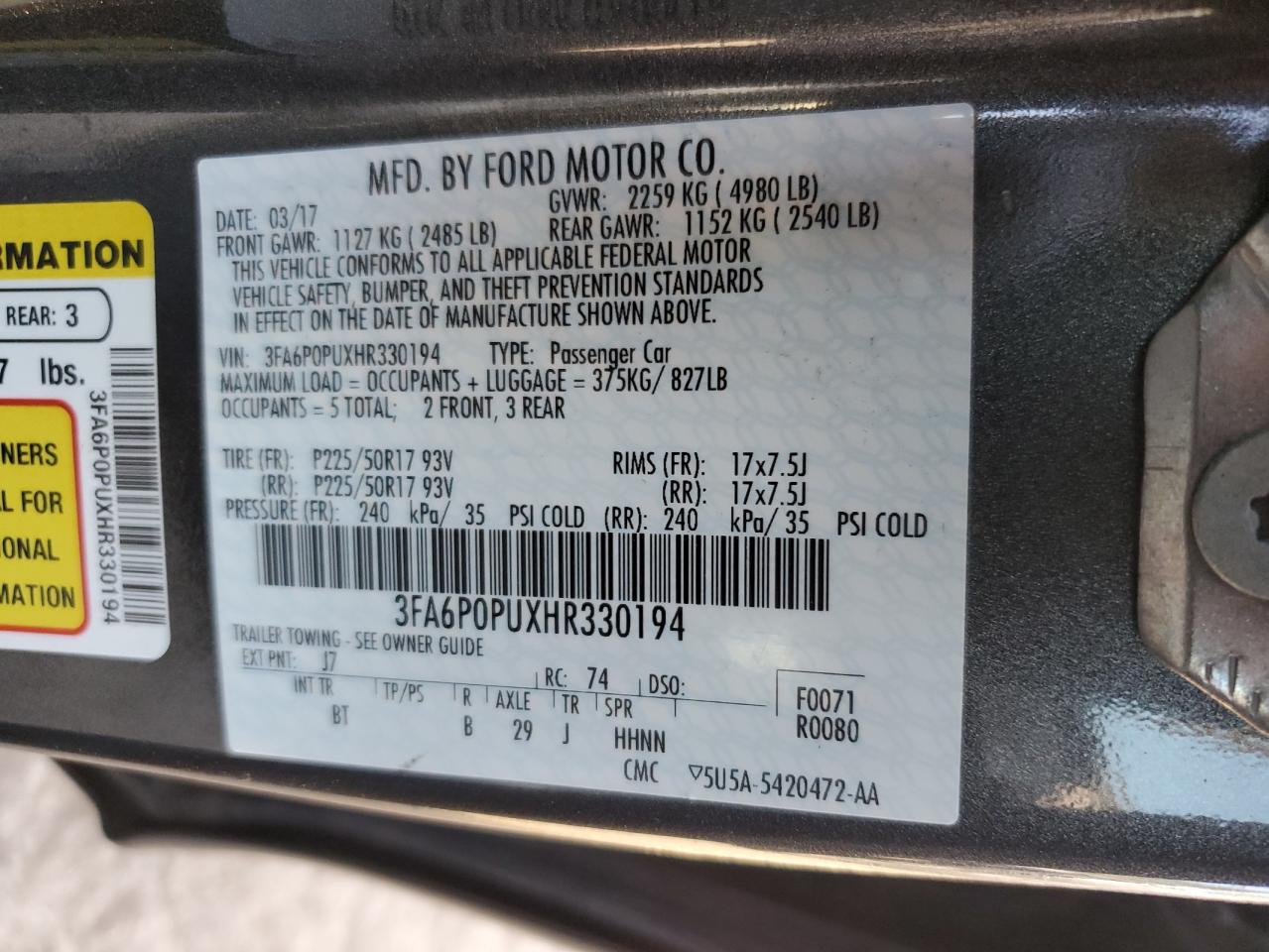 2017 Ford Fusion Se Phev VIN: 3FA6P0PUXHR330194 Lot: 82092645