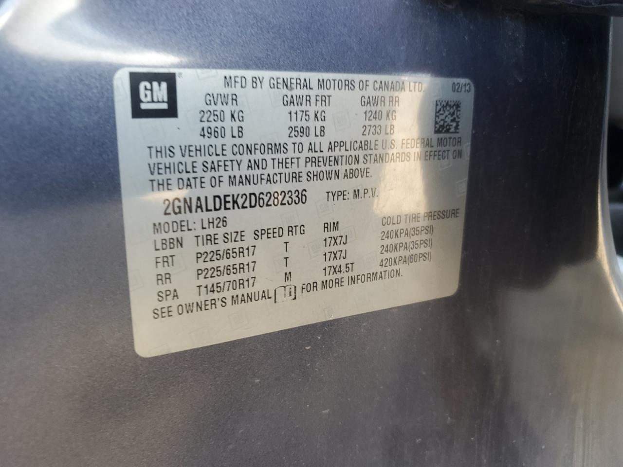 2013 Chevrolet Equinox Lt VIN: 2GNALDEK2D6282336 Lot: 71693465