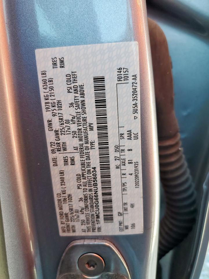 2022 Ford Escape Se VIN: 1FMCU0G66NUB56034 Lot: 80310995