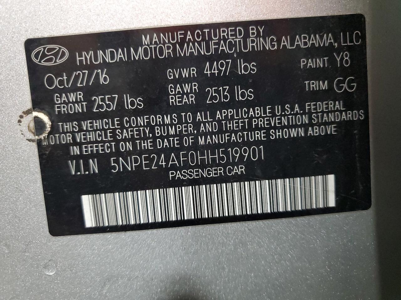 2017 Hyundai Sonata Se VIN: 5NPE24AF0HH519901 Lot: 71970765