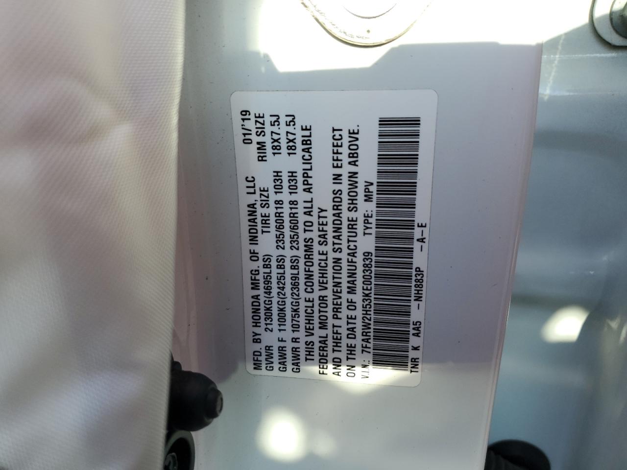 2019 Honda Cr-V Ex VIN: 7FARW2H53KE003839 Lot: 81800745