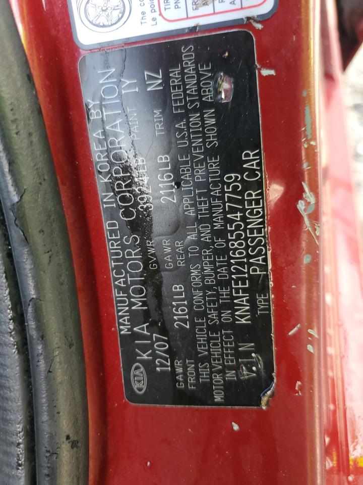 2008 Kia Spectra Ex VIN: KNAFE121685547759 Lot: 84223565