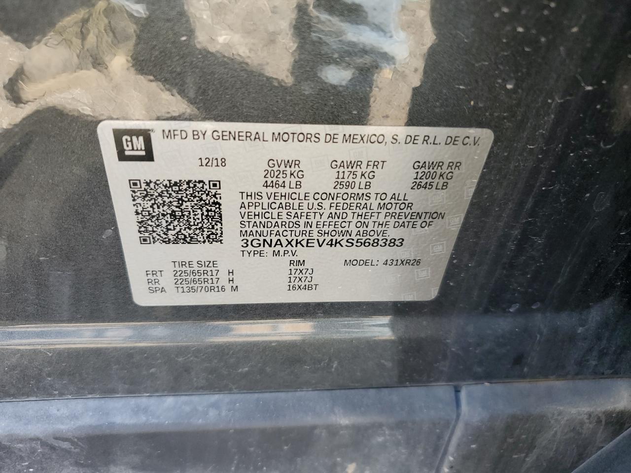 2019 Chevrolet Equinox Lt VIN: 3GNAXKEV4KS568383 Lot: 83863075