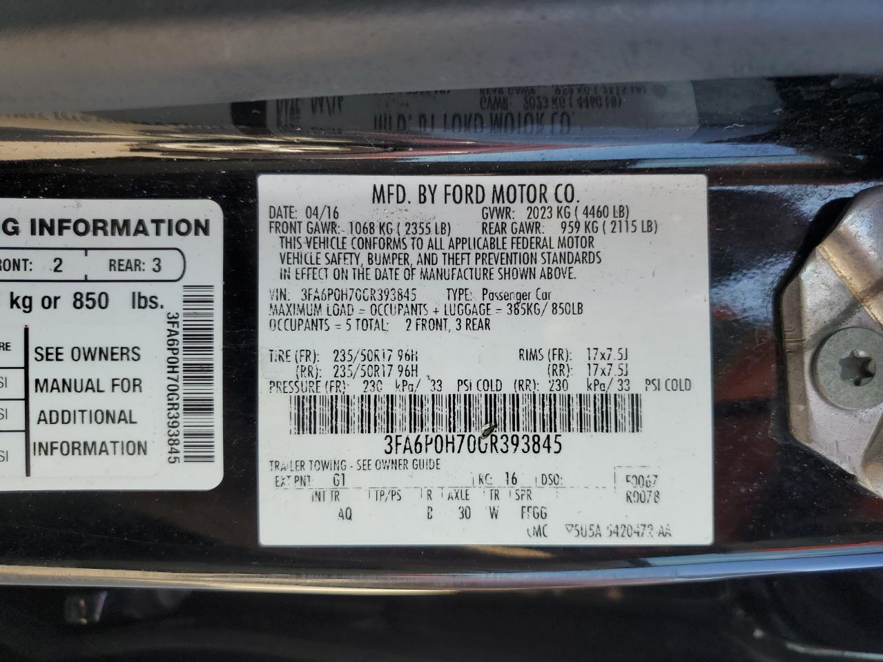 2016 Ford Fusion Se VIN: 3FA6P0H70GR393845 Lot: 92301215