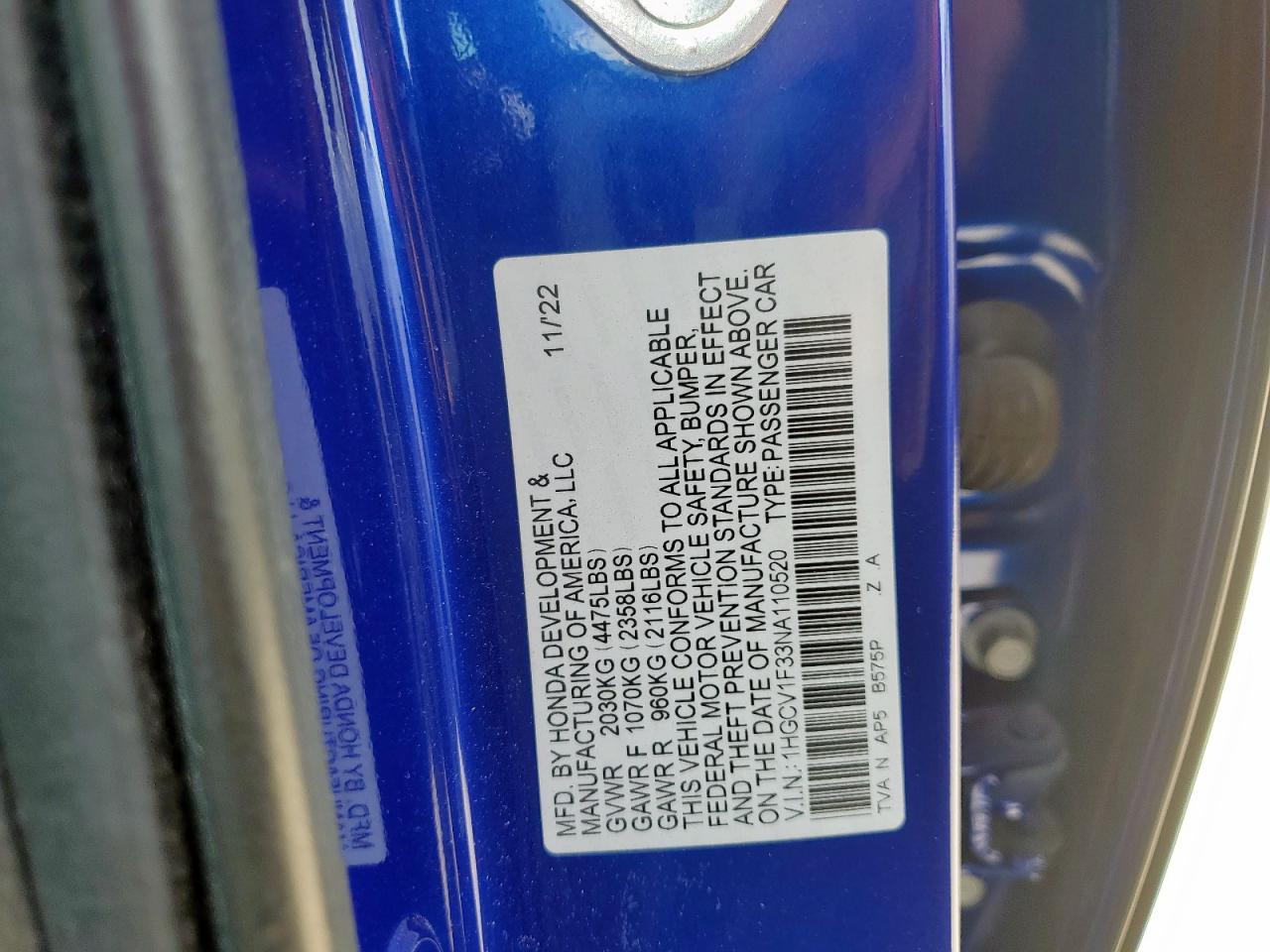 2022 Honda Accord Sport VIN: 1HGCV1F33NA110520 Lot: 80965505
