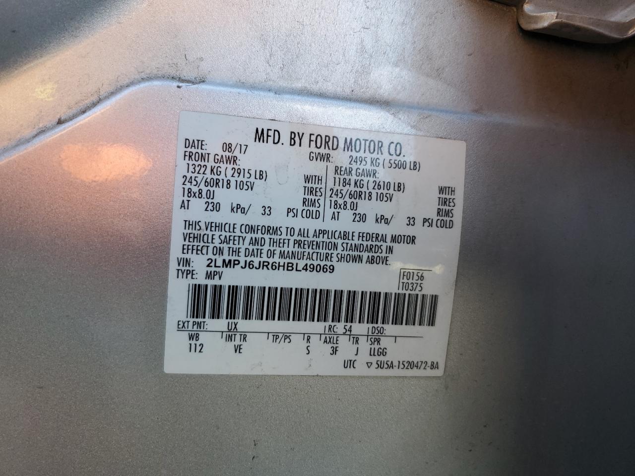 2017 Lincoln Mkx Premiere VIN: 2LMPJ6JR6HBL49069 Lot: 72020415