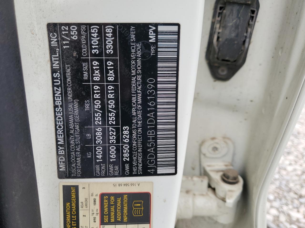 2013 Mercedes-Benz Ml 350 4Matic VIN: 4JGDA5HB1DA161390 Lot: 84444285