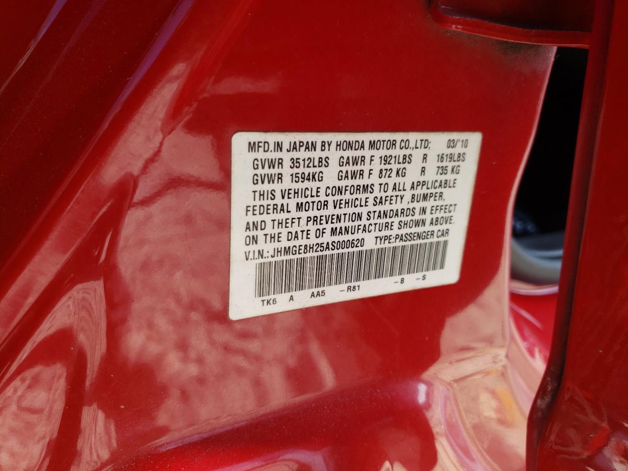 2010 Honda Fit VIN: JHMGE8H25AS000620 Lot: 80845015