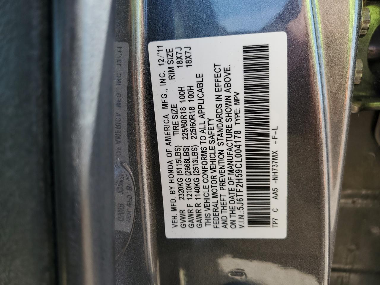 2012 Honda Crosstour Exl VIN: 5J6TF2H59CL004178 Lot: 71746345