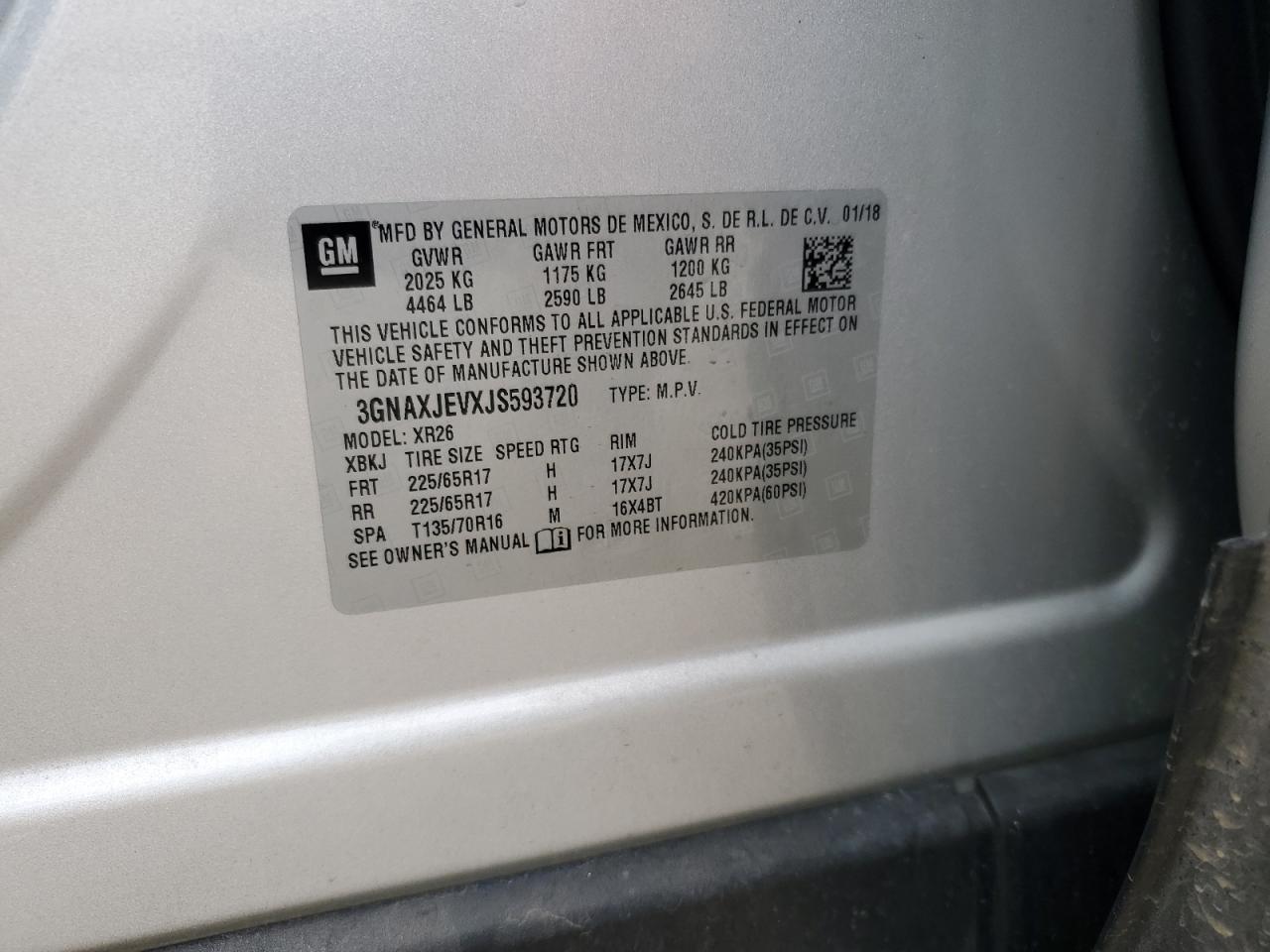 2018 Chevrolet Equinox Lt VIN: 3GNAXJEVXJS593720 Lot: 80145415