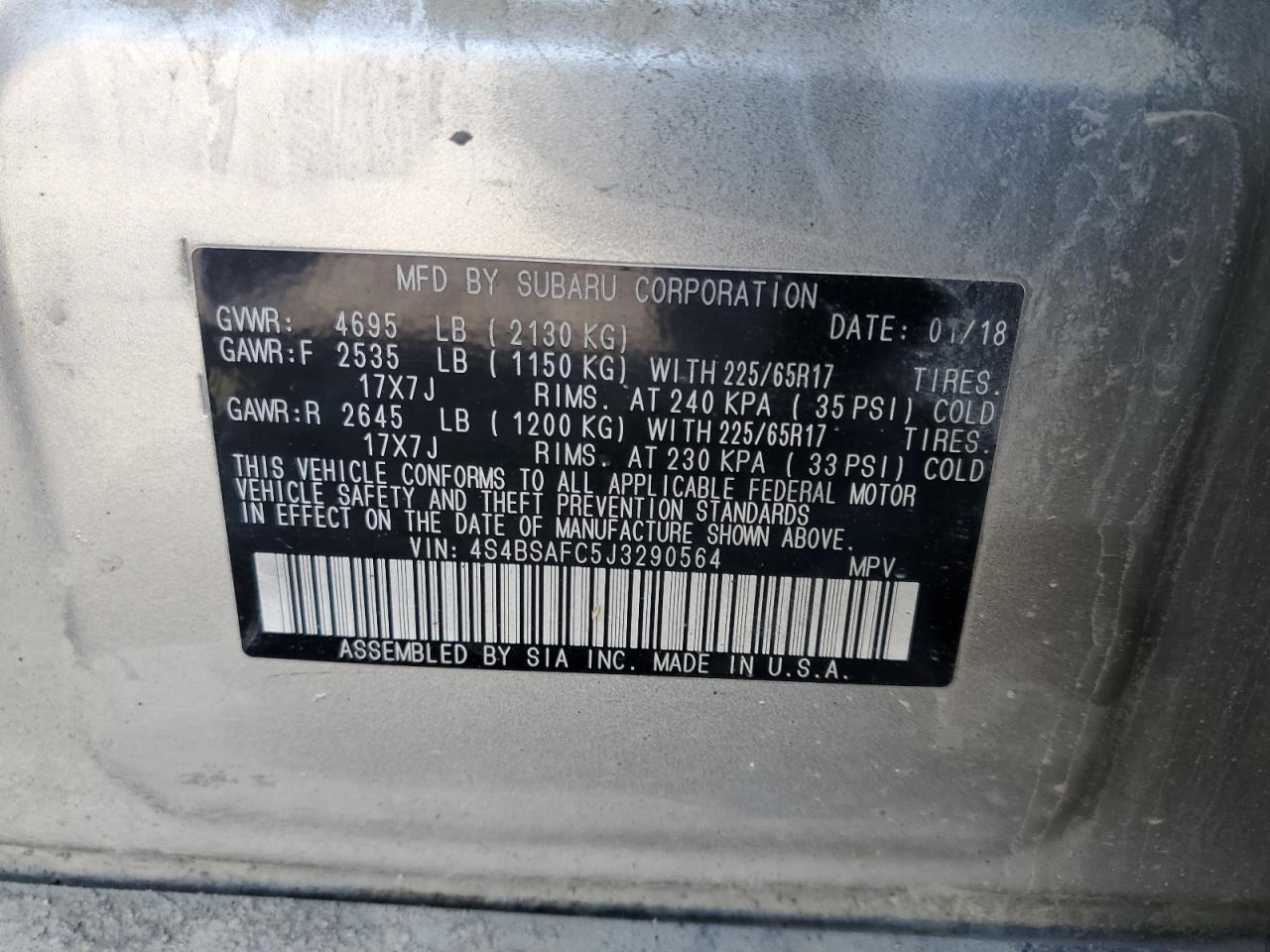 2018 Subaru Outback 2.5I Premium VIN: 4S4BSAFC5J3290564 Lot: 71620555