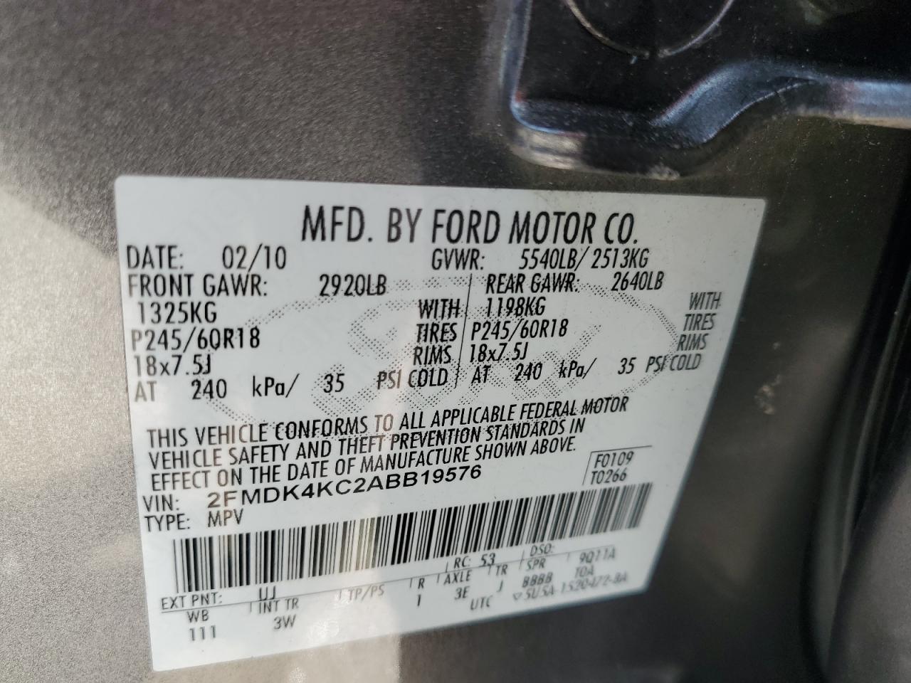 2010 Ford Edge Limited VIN: 2FMDK4KC2ABB19576 Lot: 84033845