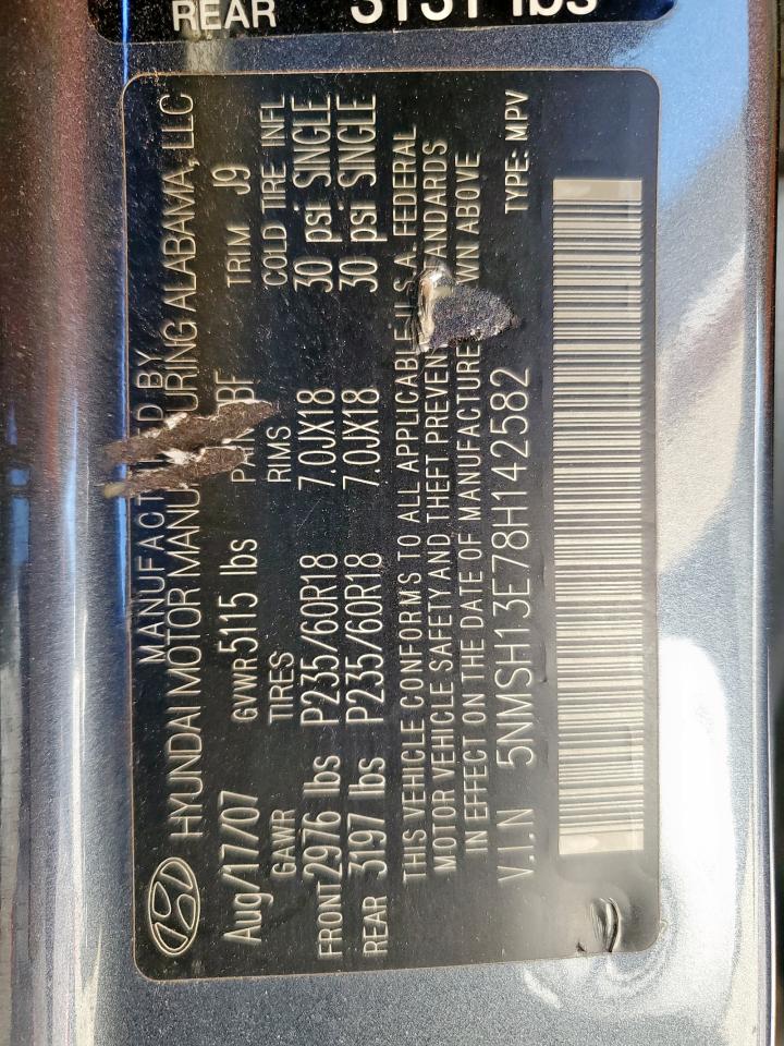 2008 Hyundai Santa Fe Se VIN: 5NMSH13E78H142582 Lot: 84556735